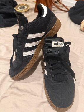 adidas Black Suede Sneakers with White Stripes and Gum Sole